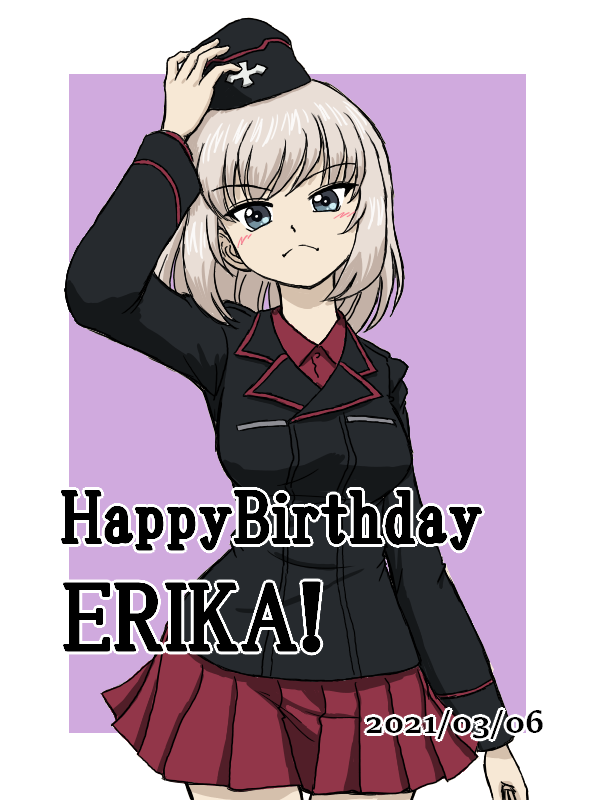 1girl bangs birthday black_headwear black_jacket blue_eyes border closed_mouth commentary cowboy_shot dated dress_shirt english_text eyebrows_visible_through_hair frown garrison_cap girls_und_panzer hand_on_headwear happy_birthday hat insignia itsumi_erika jacket kuromorimine_military_uniform long_sleeves looking_at_viewer medium_hair military military_hat military_uniform miniskirt outside_border pleated_skirt purple_background red_shirt red_skirt shirt silver_hair skirt solo standing takahashi_kurage uniform white_border wing_collar