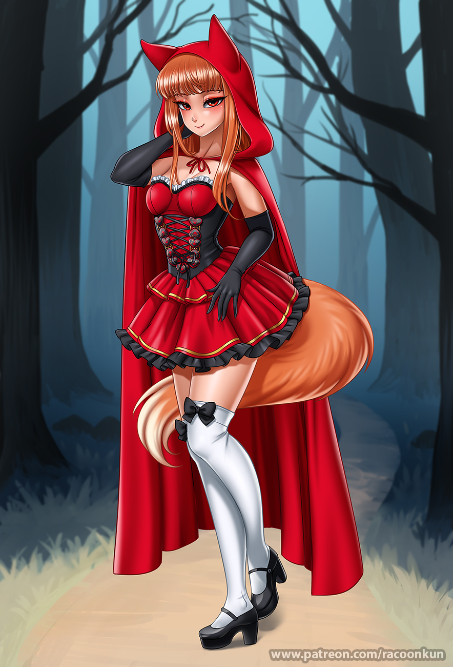 1girl alternate_costume animal_ears bangs black_footwear black_gloves blunt_bangs blush breasts brown_hair closed_mouth collarbone elbow_gloves eyebrows_visible_through_hair fox_ears fox_girl fox_tail gloves high_heels highres holo large_breasts long_hair looking_at_viewer over-kneehighs racoon-kun red_eyes smile solo spice_and_wolf tail thigh-highs wet white_legwear