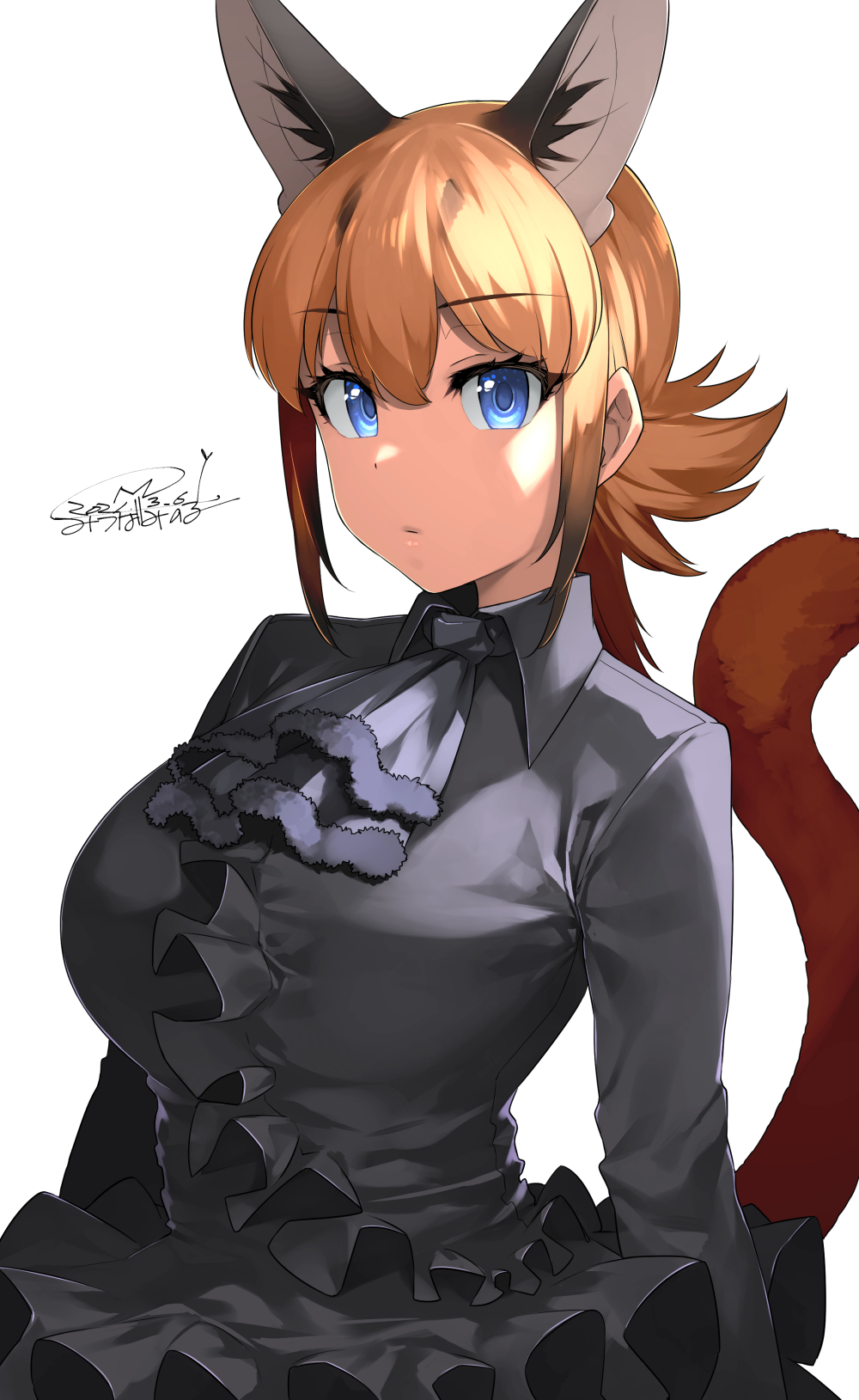 1girl alternate_costume animal_ear_fluff ascot bangs black_dress blue_eyes caracal_(kemono_friends) caracal_ears caracal_tail commentary_request dated dress expressionless extra_ears eyebrows_visible_through_hair hair_between_eyes happa_(cloverppd) highres kemono_friends long_hair long_sleeves looking_at_viewer orange_hair signature simple_background solo tail tail_raised upper_body white_background wing_collar