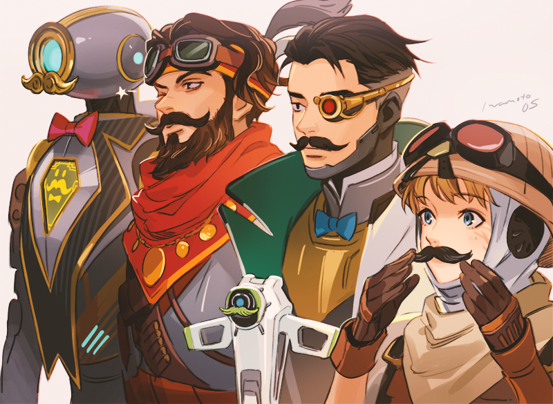 1girl 3boys alternate_costume apex_legends beard beige_scarf black_eyes blonde_hair blue_eyes blue_neckwear blush bow bowtie crypto_(apex_legends) drone facial_hair fake_facial_hair fake_mustache goggles goggles_on_head goggles_on_headwear hair_behind_ear helmet heterochromia humanoid_robot iwamoto_zerogo mirage_(apex_legends) monocle multiple_boys mustache one-eyed one_eye_closed one_eye_covered orange_headwear pathfinder_(apex_legends) red_eyes red_neckwear red_scarf robot scarf steampunk undercut upper_body wattson_(apex_legends) white_background