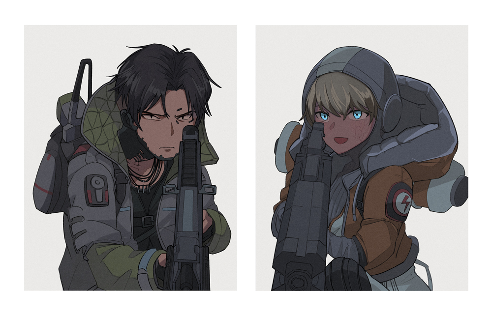 1boy 1girl aiming apex_legends backpack bag black_eyes black_hair blonde_hair blue_eyes crypto_(apex_legends) cyborg glowing glowing_eyes gun holding holding_gun holding_weapon hood hood_up jacket lichtenberg_figure looking_at_viewer open_mouth orange_jacket scar scar_on_cheek scar_on_face science_fiction stack_(sack_b7) wattson_(apex_legends) weapon white_jacket