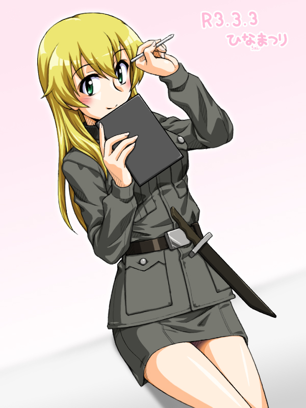 1girl anzio_military_uniform bangs belt black_belt black_shirt blonde_hair carpaccio_(girls_und_panzer) clipboard closed_mouth commentary_request dated dress_shirt eyebrows_visible_through_hair girls_und_panzer green_eyes grey_jacket grey_skirt hinamatsuri holding holding_clipboard holding_pencil jacket knife long_hair long_sleeves looking_at_viewer military military_uniform miniskirt oosaka_kanagawa partial_commentary pencil pun shirt sitting skirt smile solo translated uniform wing_collar