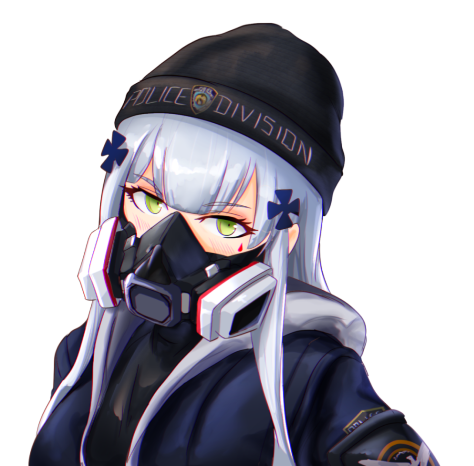 1girl agent_416_(girls_frontline) bangs black_bodysuit black_headwear blue_hair blue_jacket blush bodysuit eyebrows_visible_through_hair gas_mask girls_frontline green_eyes haonfest_art hat hk416_(girls_frontline) jacket long_hair looking_at_viewer mask police police_hat police_uniform solo_focus tom_clancy's_the_division uniform white_background