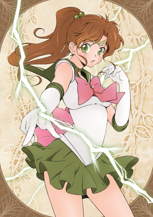 1girl back_bow bishoujo_senshi_sailor_moon bow brooch brown_background brown_hair choker circlet cowboy_shot earrings elbow_gloves electricity gloves green_eyes green_neckwear green_sailor_collar green_skirt hair_bobbles hair_ornament jewelry kino_makoto legs_apart long_hair looking_at_viewer magical_girl open_mouth pink_bow pleated_skirt ponytail sailor_collar sailor_jupiter sailor_senshi_uniform skirt solo standing stud_earrings white_gloves xiuren