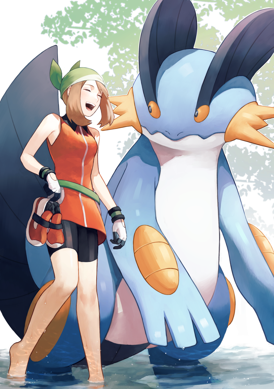 1girl :d barefoot bike_shorts black_shorts breasts brown_hair closed_eyes day gen_3_pokemon green_bandana highres holding holding_shoes jacket may_(pokemon) no_shoes open_mouth orange_jacket outdoors pokemon pokemon_(creature) pokemon_(game) pokemon_emerald pokemon_rse shiny shiny_clothes shoes short_hair_with_long_locks short_shorts shorts sleeveless sleeveless_jacket small_breasts smile soaking_feet standing starter_pokemon swampert twintails water y_(036_yng)