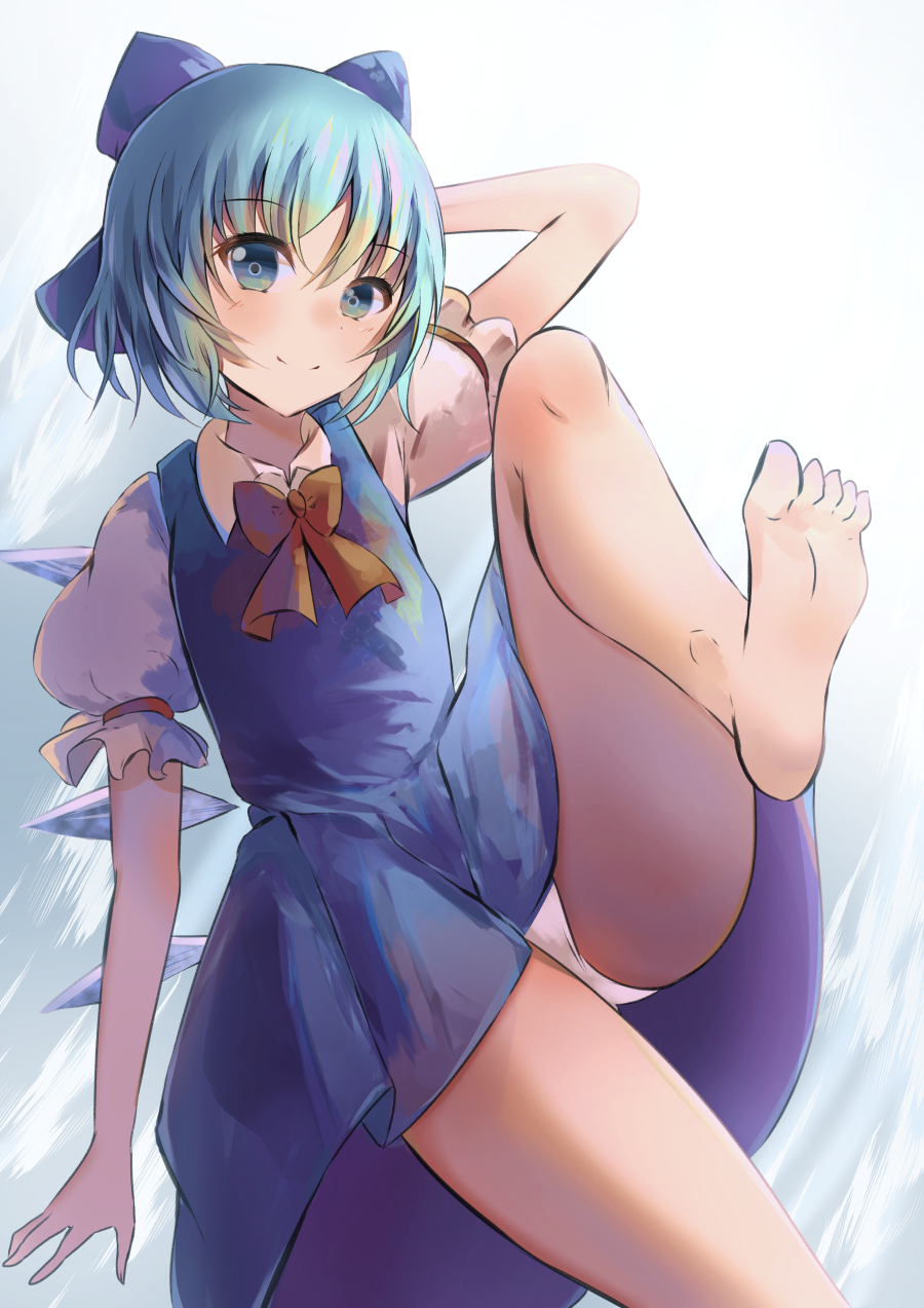 1girl arm_behind_head arm_support bangs barefoot blue_bow blue_dress blue_eyes blue_hair blush bow bowtie cirno closed_mouth commentary_request dress eyebrows_visible_through_hair feet flat_chest foot_out_of_frame foot_up hair_bow highres ice ice_wings light_blue_background looking_at_viewer natsume_suzuri panties pantyshot pinafore_dress puffy_short_sleeves puffy_sleeves red_bow red_neckwear short_hair short_sleeves simple_background smile soles solo toes touhou underwear white_panties wings