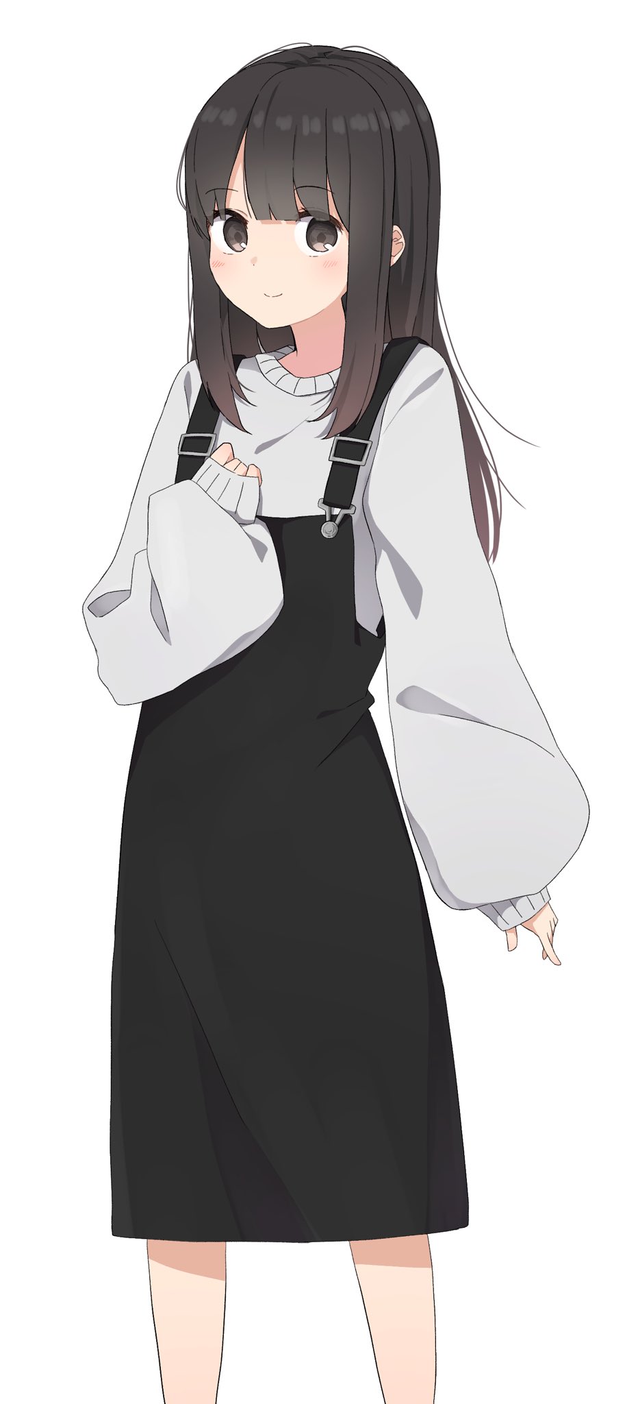 1girl bangs black_dress blunt_bangs blush brown_eyes brown_hair character_request closed_mouth commentary_request copyright_request dress feet_out_of_frame grey_background hand_up highres kiona_(giraffe_kiona) long_hair long_sleeves looking_at_viewer pinafore_dress simple_background sleeves_past_wrists smile solo sweater white_sweater