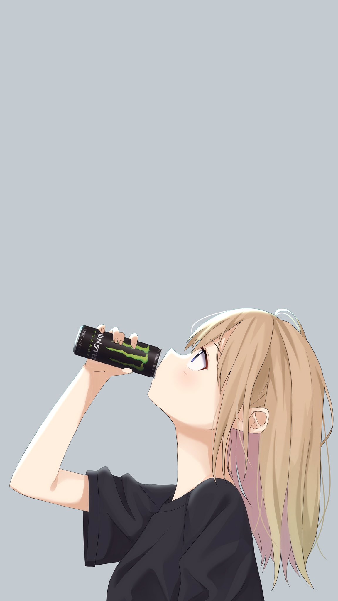 1girl bangs black_shirt blonde_hair can character_request commentary_request copyright_request drinking from_side grey_background highres holding holding_can kiona_(giraffe_kiona) long_hair looking_up monster_energy profile shirt short_sleeves simple_background solo t-shirt upper_body