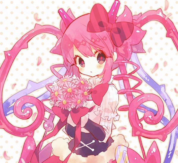 1girl blush bouquet bow character_request flower hibi89 holding holding_bouquet juliet_sleeves long_sleeves looking_at_viewer merc_storia petals pink_eyes pink_hair polka_dot polka_dot_background puffy_sleeves ribbon solo striped_sleeves twintails