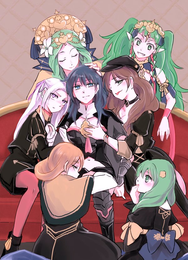 ass blonde_hair blush braid brown_hair byleth_(fire_emblem) byleth_eisner_(female) clothing_cutout couch dagger dorothea_arnault dress edelgard_von_hresvelg fire_emblem fire_emblem:_three_houses fire_emblem_heroes flayn_(fire_emblem) garreg_mach_monastery_uniform gloves green_eyes green_hair harem hat jewelry long_hair medium_hair mercedes_von_martritz multiple_girls nagasawa_(tthnhk) navel_cutout one_eye_closed pantyhose rhea_(fire_emblem) ribbon_braid shorts skirt smile sothis_(fire_emblem) weapon white_hair yuri