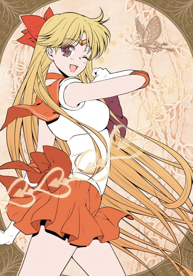 1girl ;d aino_minako back_bow bishoujo_senshi_sailor_moon blonde_hair bow brown_background choker circlet cowboy_shot elbow_gloves gloves hair_bow legs_apart long_hair looking_at_viewer magical_girl one_eye_closed open_mouth orange_bow orange_neckwear orange_sailor_collar orange_skirt pleated_skirt purple_bow red_bow sailor_collar sailor_senshi_uniform sailor_venus skirt smile solo standing violet_eyes white_gloves xiuren