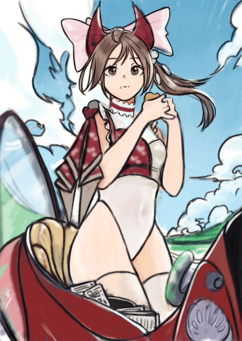 1girl azelweien bare_shoulders blue_sky bow breasts brown_eyes brown_hair car choker closed_mouth clouds covered_navel day ground_vehicle hair_bow hands_up highres holding horns leotard long_hair looking_at_viewer medium_breasts motor_vehicle original outdoors ponytail sky solo thigh-highs