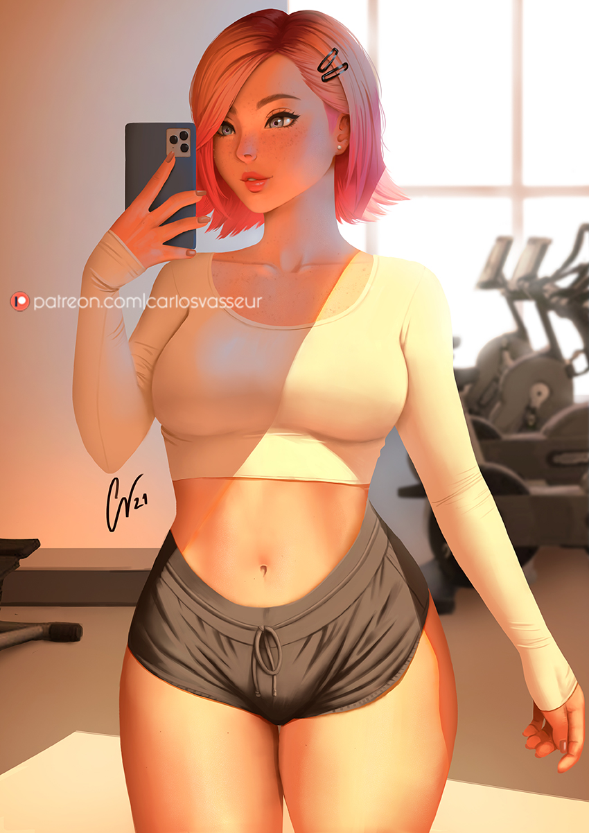 1girl black_shorts blue_eyes breasts carlos_vasseur cellphone collarbone commentary crop_top earrings english_commentary freckles gym gym_shorts hair_ornament hairclip highres holding holding_phone jewelry leaning_forward light_smile long_sleeves medium_breasts navel original parted_lips patreon_logo phone pink_hair shirt short_hair short_shorts shorts sleeves_past_wrists smartphone solo watermark web_address white_shirt
