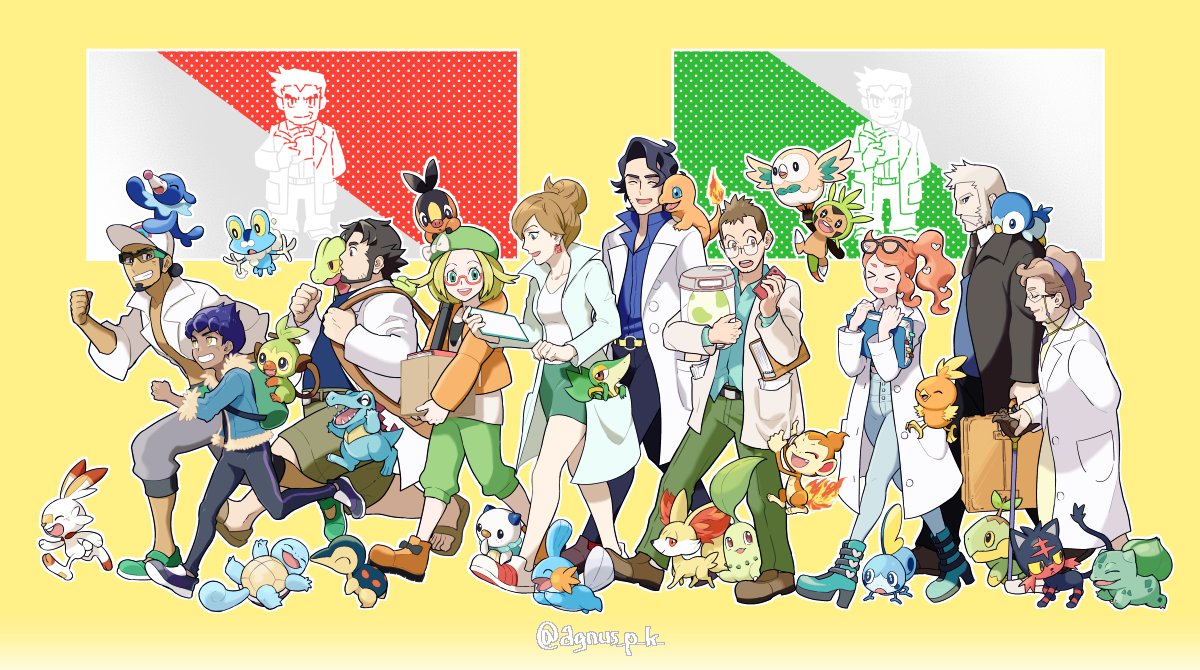 &gt;_&lt; 4girls 6+boys agnus_p_k augustine_sycamore aurea_juniper backpack bag bianca_(pokemon) birch_(pokemon) blonde_hair blue_jacket blue_shirt bow bulbasaur cane charmander chespin chikorita chimchar collar_up dark_skin dark_skinned_male elm_(pokemon) eyewear_on_head facial_hair fennekin froakie fur_trim gen_1_pokemon gen_2_pokemon gen_3_pokemon gen_4_pokemon gen_5_pokemon gen_6_pokemon gen_7_pokemon gen_8_pokemon glasses green_hair green_headwear green_pants green_skirt grey_hair grookey hair_bow hair_ornament heart heart_hair_ornament hop_(pokemon) jacket kukui_(pokemon) labcoat litleo magnolia_(pokemon) mudkip multiple_boys multiple_girls mustache on_head on_shoulder orange_hair oshawott pants pencil_skirt piplup pokemon pokemon_(creature) pokemon_egg pokemon_in_clothes pokemon_on_head pokemon_on_shoulder popplio red-framed_eyewear rowan_(pokemon) rowlet samuel_oak scorbunny semi-rimless_eyewear shirt skirt snivy sobble sonia_(pokemon) squirtle tepig torchic totodile treecko turtwig twitter_username under-rim_eyewear yellow_background