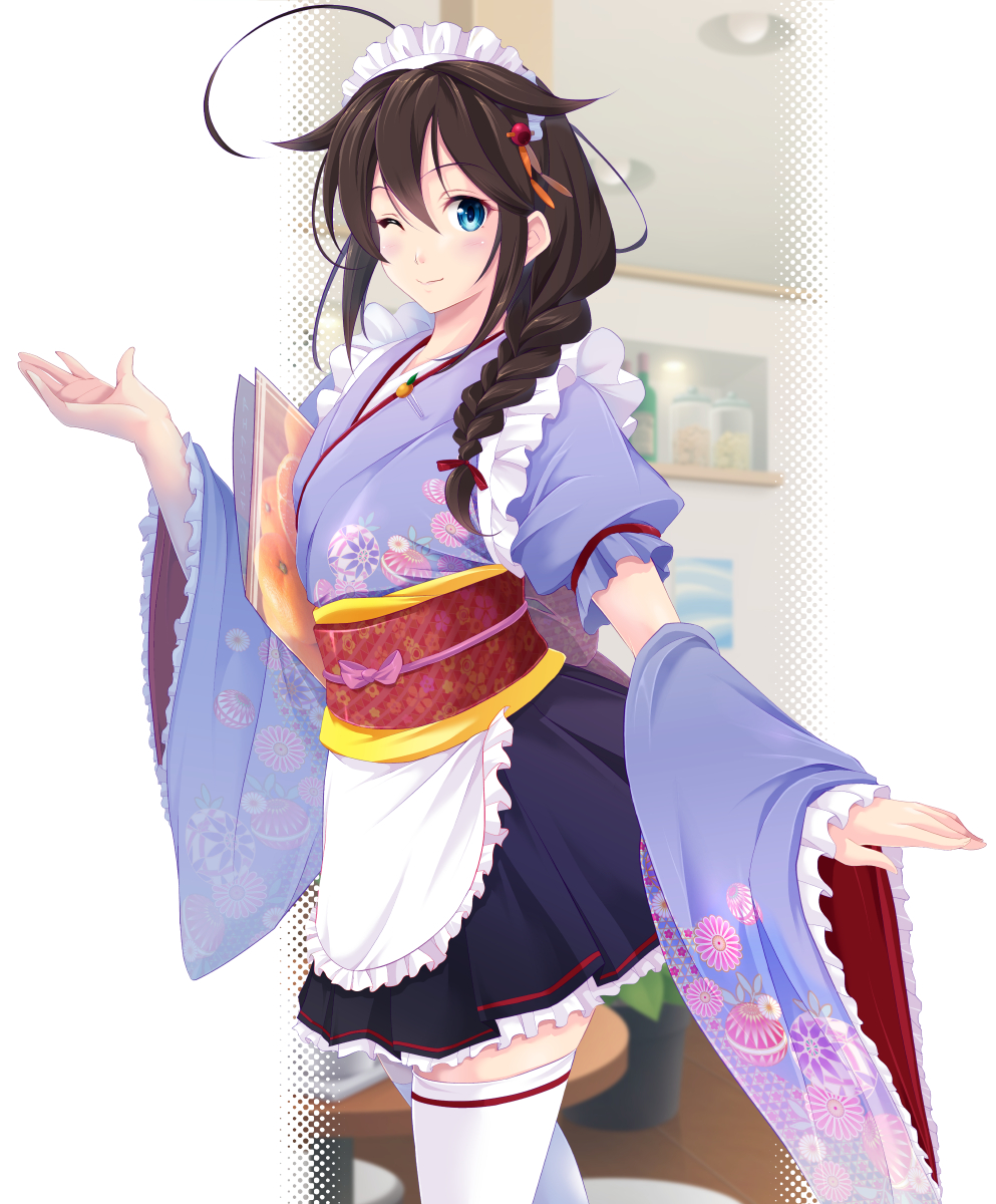 1girl ;) ahoge alternate_costume blue_eyes blurry blurry_background blush braid brown_hair cafe ceiling commentary_request cowboy_shot detached_sleeves floral_print food frilled_sleeves frills from_side fruit hair_between_eyes hair_flaps hair_ornament hair_over_shoulder hand_up highres kantai_collection looking_at_viewer looking_to_the_side maid_headdress map_(blue_catty) obi one_eye_closed orange pink_ribbon remodel_(kantai_collection) ribbon sash shigure_(kancolle) single_braid smile solo table thigh-highs wa_maid white_legwear wide_sleeves zettai_ryouiki