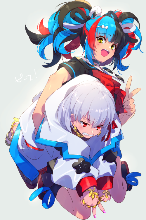 2girls bangs black_hair black_sailor_collar black_serafuku black_shirt black_skirt blue_hair blush bracelet breasts carrying_under_arm cis05 clenched_teeth collar earrings fate/grand_order fate_(series) hair_ribbon jacket jewelry kama_(fate) long_hair long_sleeves looking_at_viewer medium_breasts metal_collar multicolored_hair multiple_girls open_mouth purple_legwear purple_skirt red_eyes red_neckwear redhead ribbon ring sailor_collar school_uniform sei_shounagon_(fate) serafuku shirt short_hair silver_hair skirt small_breasts smile teeth thigh-highs thighs twintails v white_jacket yellow_eyes