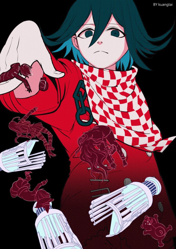 1boy alternate_color artist_name bangs black_background black_hair checkered checkered_neckwear checkered_scarf commentary_request cowboy_shot dangan_ronpa_(series) dangan_ronpa_v3:_killing_harmony falling from_below frown gokuhara_gonta iruma_miu jacket kuangtai_(amami_ryoko) long_sleeves looking_at_viewer male_focus monokuma ouma_kokichi pants red_jacket red_pants red_scarf saihara_shuuichi scarf solo straitjacket white_scarf yumeno_himiko