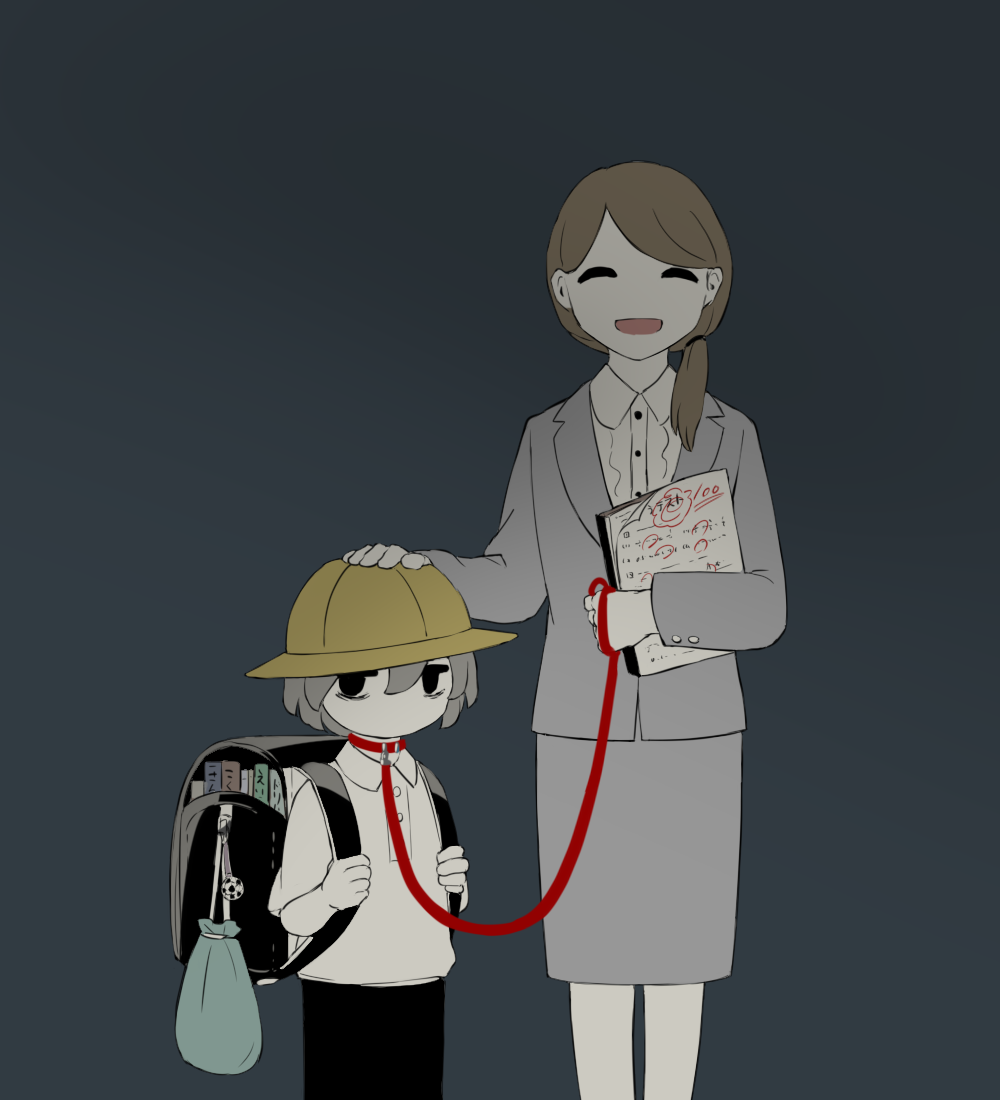 1boy 1girl :d avogado6 backpack bag bag_charm bags_under_eyes belt_collar black_pants brown_hair charm_(object) collar collared_shirt commentary_request facing_viewer formal grey_jacket grey_skirt hair_over_shoulder hand_on_another's_head hat holding holding_leash jacket kindergarten_uniform leash long_sleeves medium_hair open_mouth original pants randoseru red_collar school_hat shirt skirt skirt_suit smile suit teacher_and_student test white_shirt wing_collar