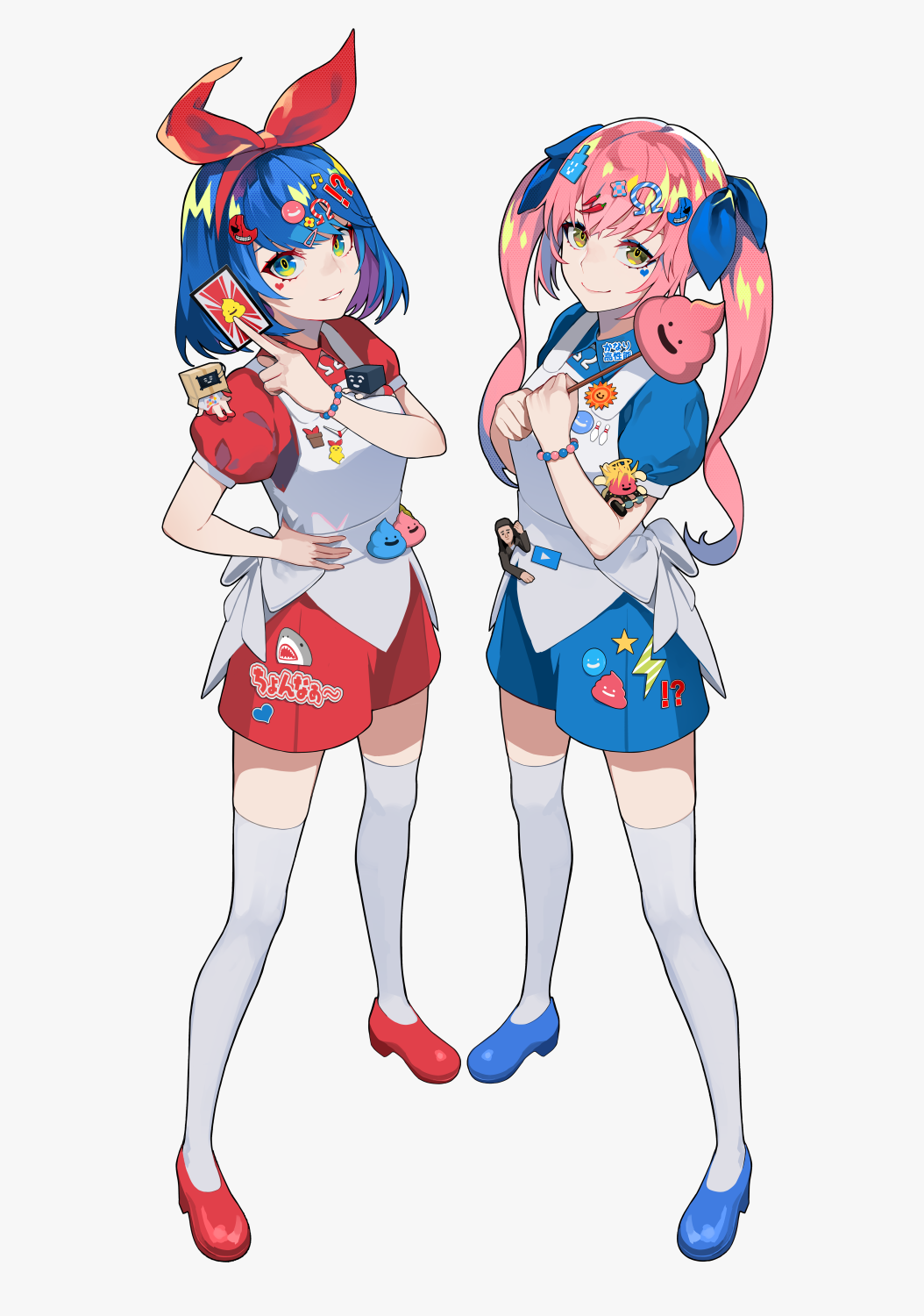 !? 2girls apron between_fingers blue_dress blue_footwear blue_hair breasts brown_eyes card closed_mouth collared_dress commentary_request dress full_body green_eyes grey_background hair_ornament hand_on_hip highres holding holding_card long_hair looking_at_viewer multicolored_hair multiple_girls omega_rei omega_rio omega_sisters omega_symbol parted_lips pink_hair poop_on_a_stick puffy_short_sleeves puffy_sleeves ram_(ramlabo) red_dress red_footwear shoes short_sleeves simple_background small_breasts smile standing thigh-highs twintails two-tone_hair very_long_hair white_apron white_legwear