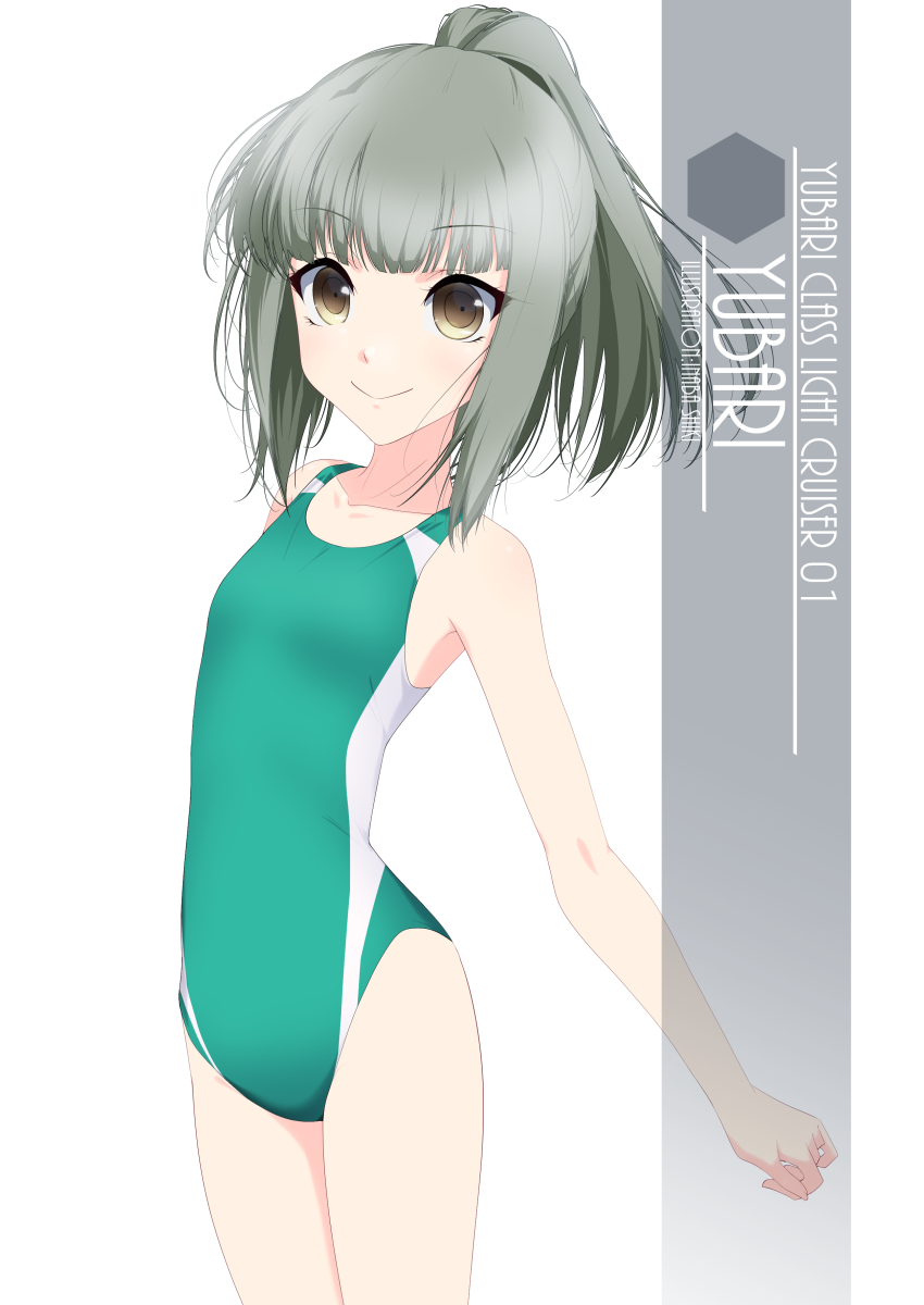 1girl artist_name brown_eyes character_name commentary_request competition_swimsuit cowboy_shot flat_chest green_swimsuit grey_hair highres inaba_shiki kantai_collection long_hair looking_at_viewer one-hour_drawing_challenge one-piece_swimsuit ponytail simple_background smile solo standing swimsuit white_background yuubari_(kancolle)