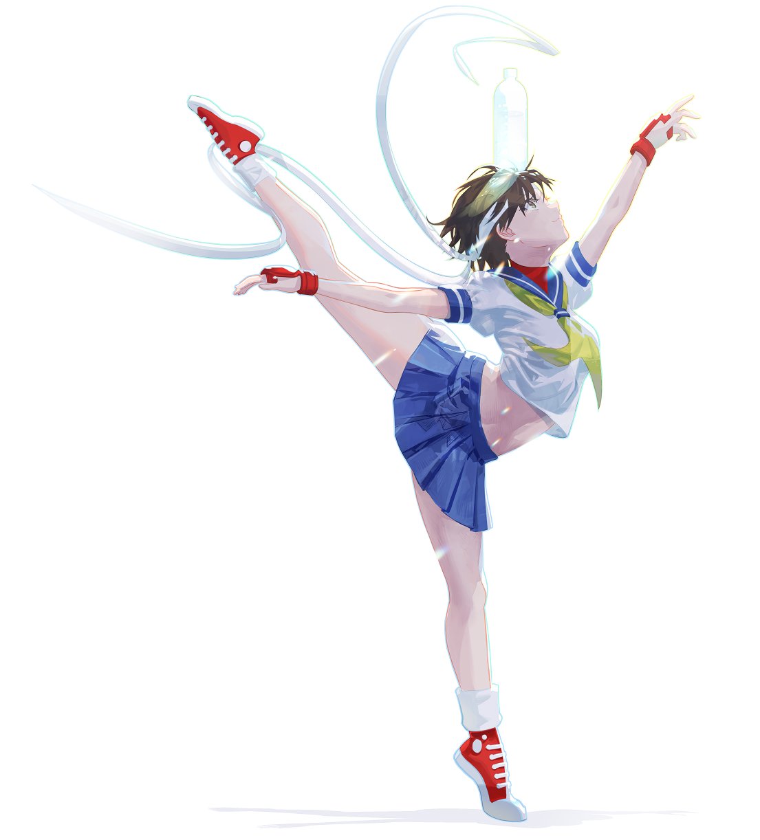 1girl backlighting balancing blue_sailor_collar blue_skirt bottle ffffcoffee fingerless_gloves flexible gloves headband highres kasugano_sakura leg_up object_on_head pose red_footwear sailor_collar school_uniform serafuku shoes short_hair simple_background skirt sneakers solo street_fighter street_fighter_zero_(series) tiptoes water_bottle white_headband