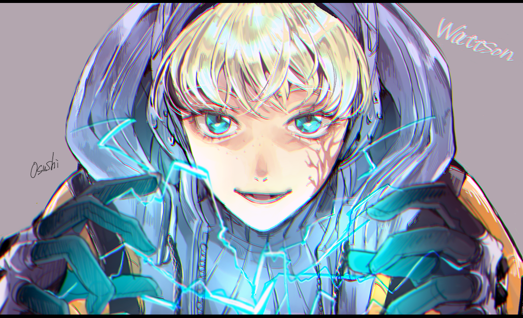 apex_legends artist_name black_gloves blonde_hair blue_eyes blue_sweater character_name chromatic_aberration close-up electricity eyebrows_behind_hair gloves grey_background hood hood_up jacket lichtenberg_figure open_hands open_mouth orange_jacket osushimax ribbed_sweater scar scar_on_cheek scar_on_face smile sweater turtleneck upper_body wattson_(apex_legends)