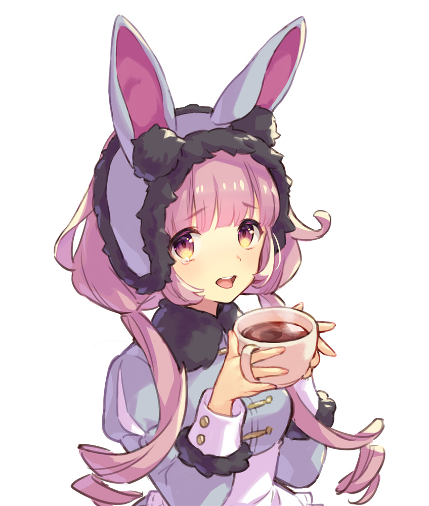 1girl ame8desu animal_ears bangs blunt_bangs cup fake_animal_ears holding holding_cup juliet_sleeves light_blush long_hair long_sleeves looking_at_viewer low_twintails open_mouth orange_eyes original puffy_sleeves purple_hair rabbit_ears ringlets simple_background sleeve_cuffs solo tearing_up twintails upper_body upper_teeth white_background