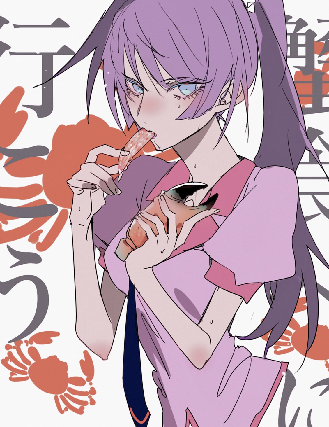 1girl bakemonogatari bare_shoulders blue_eyes blush crab dress eating highres looking_at_viewer monogatari_(series) pink_dress ponytail purple_hair school_uniform senjougahara_hitagi short_sleeves skirt solo tbrsnsk upper_body