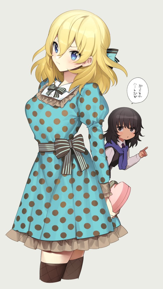 2girls andou_(girls_und_panzer) bangs bc_freedom_school_uniform black_border black_dress black_hair black_legwear black_neckwear blonde_hair blue_bow blue_dress blue_eyes blue_neckwear border bow bowtie box brown_eyes closed_mouth collared_dress commentary cropped_legs dark_skin dress dress_shirt frilled_dress frills frown gift girls_und_panzer girls_und_panzer_senshadou_daisakusen! grey_background hair_bow heart-shaped_box holding holding_gift juliet_sleeves long_sleeves looking_at_viewer medium_hair messy_hair multiple_girls necktie object_behind_back official_alternate_costume open_mouth oshida_(girls_und_panzer) peeking_out pinafore_dress pleated_dress pointing polka_dot polka_dot_dress puffy_sleeves school_uniform shirt short_dress simple_background standing sweatdrop sweater_around_neck tan3charge thigh-highs translated tsundere valentine white_shirt wing_collar