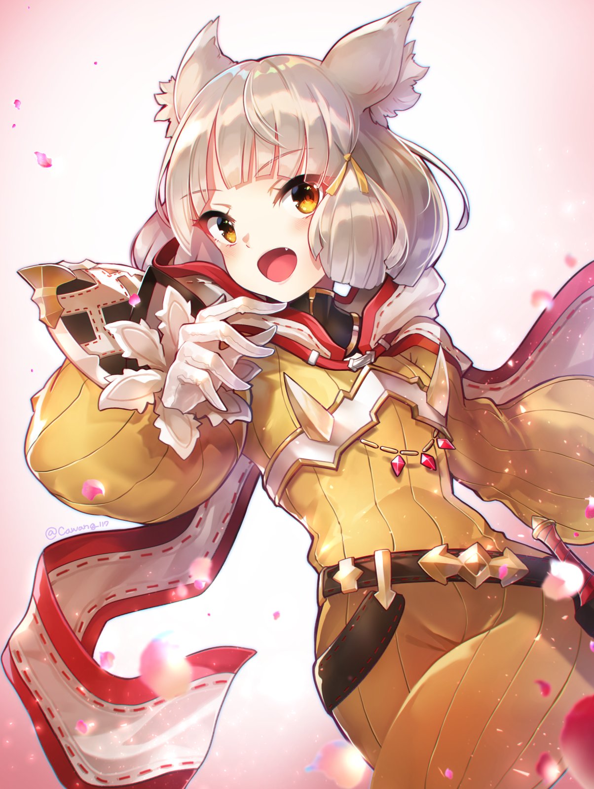 animal_ears bangs blunt_bangs bodysuit breasts cat_ears cawang facial_mark flat_chest gloves highres jumpsuit nia_(xenoblade) short_hair silver_hair small_breasts solo white_gloves xenoblade_chronicles_(series) xenoblade_chronicles_2 yellow_bodysuit yellow_eyes yellow_jumpsuit