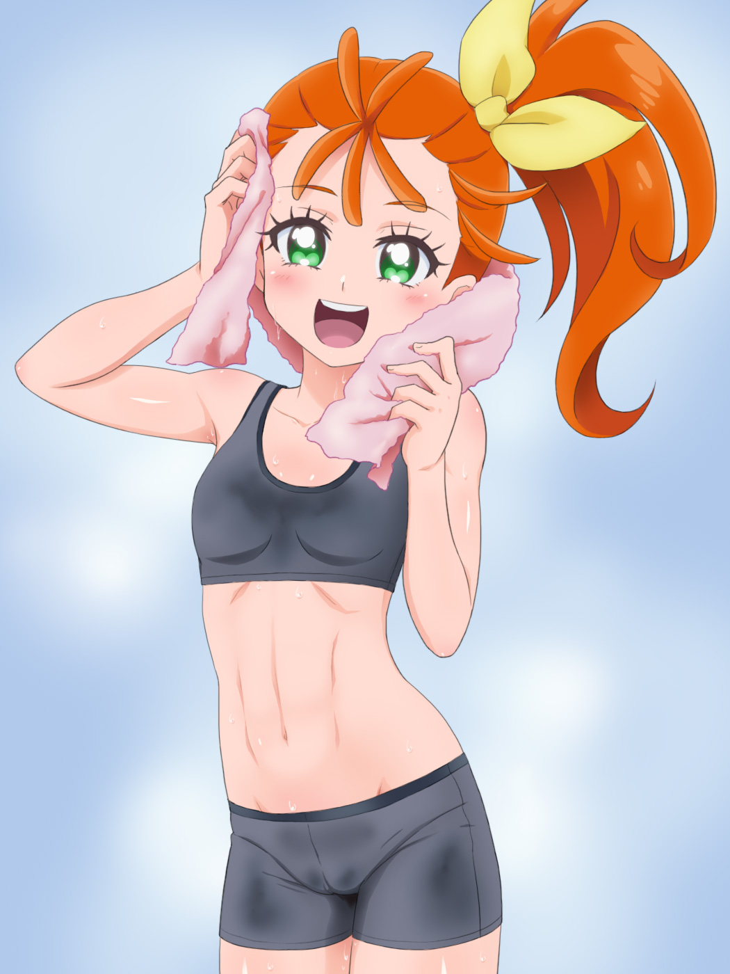 1girl :d arm_up bare_arms bare_shoulders blue_background blush breasts collarbone commentary_request eyebrows_visible_through_hair green_eyes grey_shorts groin hair_ribbon hand_up highres looking_at_viewer mameshiba natsuumi_manatsu navel open_mouth orange_hair precure ribbon round_teeth short_shorts shorts side_ponytail small_breasts smile solo sports_bra teeth towel towel_around_neck tropical-rouge!_precure upper_teeth yellow_ribbon