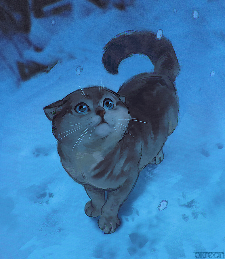 akreon animal animal_focus black_eyes blue_sclera cat colored_sclera full_body looking_up no_humans orange_fur original snow snowing tail_raised two-tone_fur whiskers