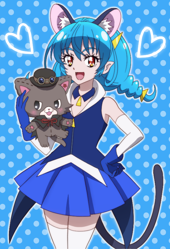 1girl :3 :d animal_ears black_cape black_headwear blue_background blue_collar blue_gloves blue_hair blue_skirt blue_vest blush braid cape cat_ears cat_girl cat_tail collar collared_vest commentary_request cowboy_shot detached_collar detached_sleeves evil_smile eyebrows_visible_through_hair gloves goggles goggles_on_headwear hair_between_eyes hand_on_hip hat heart holding holding_stuffed_toy long_hair low-tied_long_hair low_twintails mewkledreamy namesake onomekaman open_mouth orange_eyes pleated_skirt pointy_ears polka_dot polka_dot_background precure red_ribbon ribbon shadow simple_background skirt smile star_(symbol) star_twinkle_precure stuffed_animal stuffed_cat stuffed_toy tail thigh-highs torn_cape torn_clothes twin_braids twintails vest white_collar white_legwear white_sleeves yuni_(mewkledreamy) yuni_(precure) zettai_ryouiki
