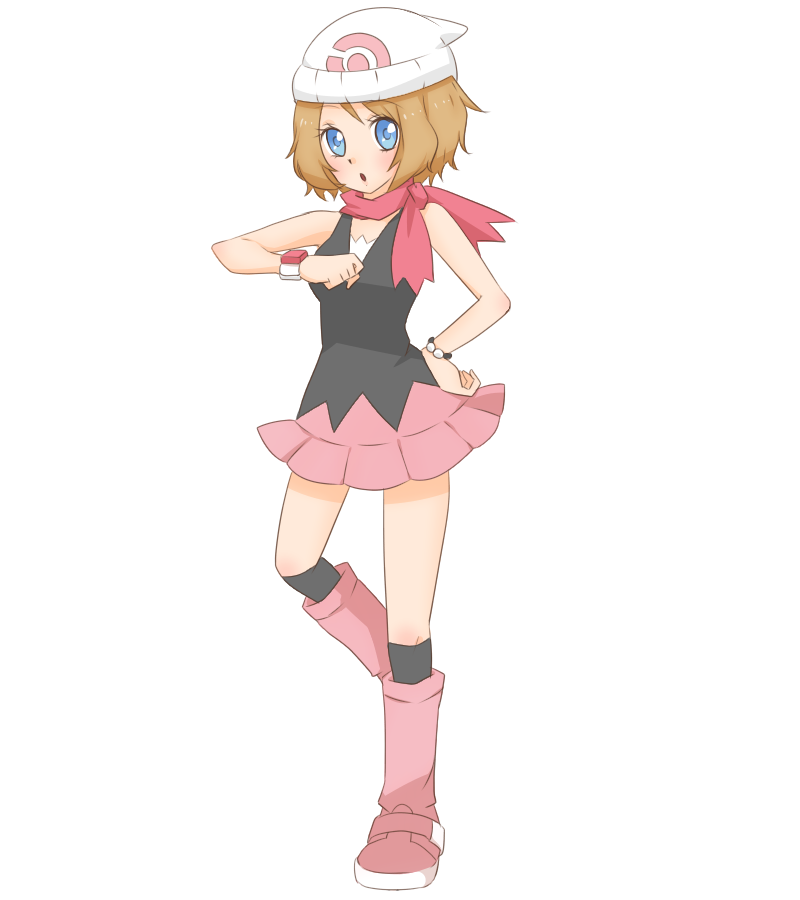 1girl :d beanie black_legwear blonde_hair blue_eyes boots bracelet cosplay hikari_(pokemon) hikari_(pokemon)_(cosplay) dress eyelashes hair_ornament hairclip hat jewelry long_hair looking_at_watch neko19920311 open_mouth over-kneehighs pink_footwear pokemon pokemon_(anime) pokemon_dppt_(anime) pokemon_xy_(anime) red_scarf scarf serena_(pokemon) sidelocks sleeveless sleeveless_dress smile solo thigh-highs white_headwear