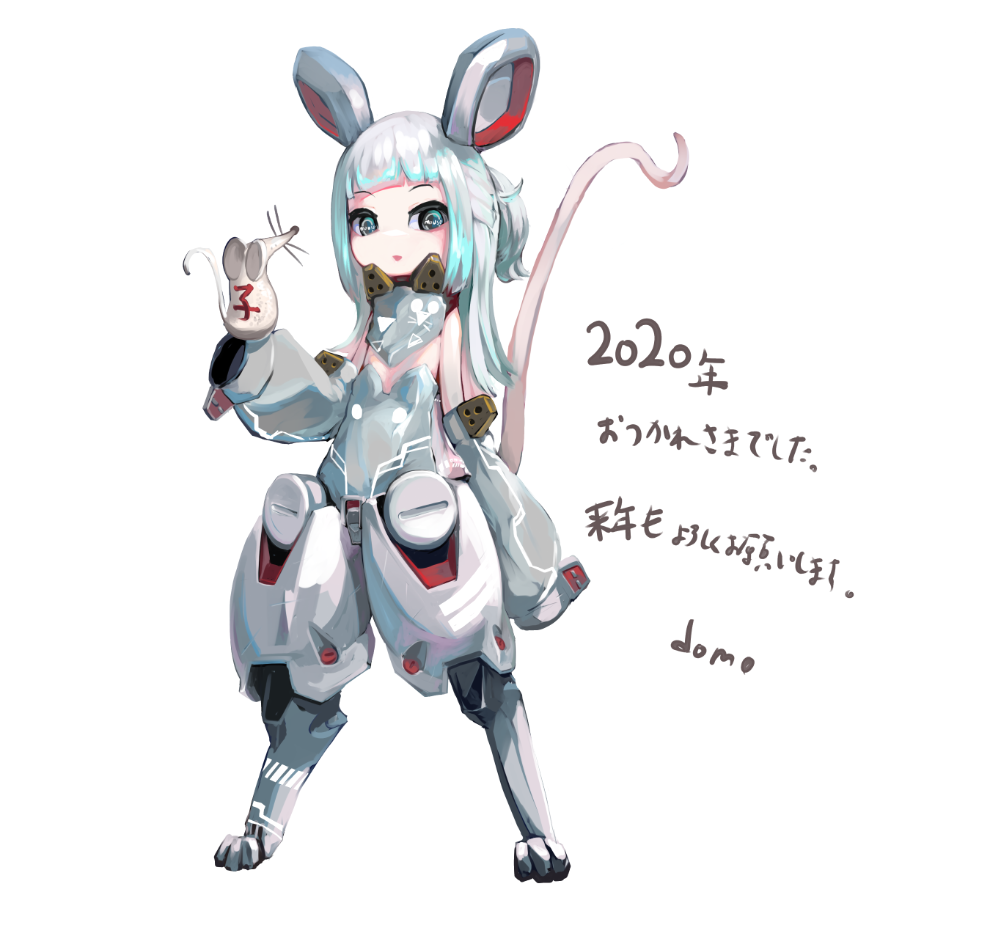 2020 animal animal_ears animal_on_hand banana_(domo) bangs blue_eyes blunt_bangs blush chinese_zodiac digitigrade english_text long_hair mecha_musume mouse mouse_girl mouse_tail nengajou new_year open_mouth original simple_background sleeves_past_fingers sleeves_past_wrists tail white_background white_hair year_of_the_rat