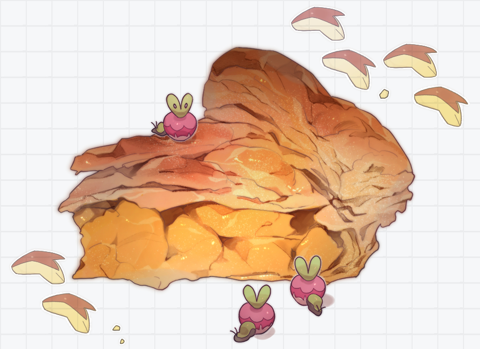 0_0 apple_bunny apple_pie applin commentary_request food food_focus gen_8_pokemon grid_background mimura_(nnnnnnnnmoo) no_humans pie_slice pokemon pokemon_(creature) shiny white_background