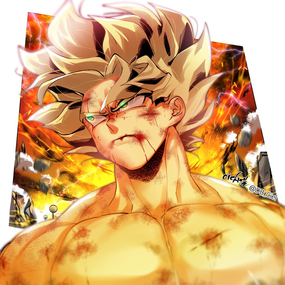 1boy abs blonde_hair blood blood_from_mouth blood_on_face cuts fire glowing glowing_eyes green_eyes injury large_pectorals male_focus muscular muscular_male nipples nude portrait short_hair solo son_goku spiky_hair stomach super_saiyan super_saiyan_1 tarutobi wind