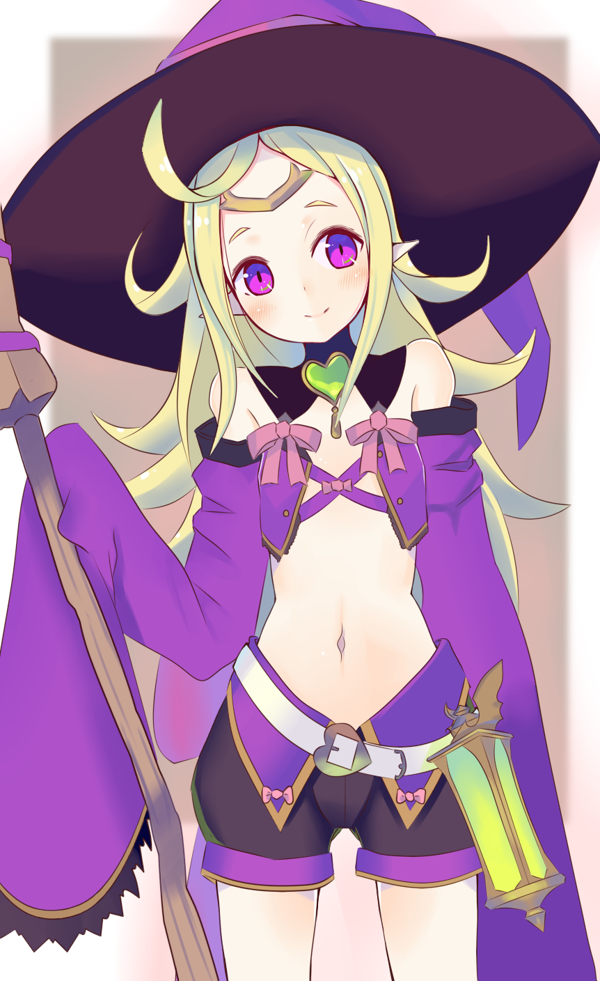 1girl ahoge bangs bare_shoulders belt black_shorts blush breasts broom circlet closed_mouth commentary_request cowboy_shot detached_sleeves fire_emblem fire_emblem_awakening fire_emblem_heroes green_hair hair_down halloween_costume hat head_tilt highres holding holding_broom ito_kon'nyaku long_hair looking_at_viewer manakete midriff navel nowi_(fire_emblem) official_alternate_costume parted_bangs pink_ribbon pointy_ears purple_headwear purple_sleeves purple_vest ribbon short_shorts shorts sidelocks small_breasts smile solo standing vest violet_eyes white_belt witch_hat