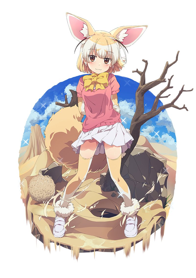 1girl :3 animal_ears arms_behind_back blonde_hair blush bow bowtie brown_eyes commentary_request cupnoooodls desert elbow_gloves extra_ears eyebrows_visible_through_hair fennec_(kemono_friends) fox_ears fox_girl fox_tail full_body fur_trim gloves kemono_friends looking_at_viewer multicolored_hair pink_sweater pleated_skirt puffy_short_sleeves puffy_sleeves sand short_hair short_sleeves skirt sky solo sweater tail thigh-highs tumbleweed white_footwear white_hair white_skirt yellow_gloves yellow_legwear yellow_neckwear zettai_ryouiki