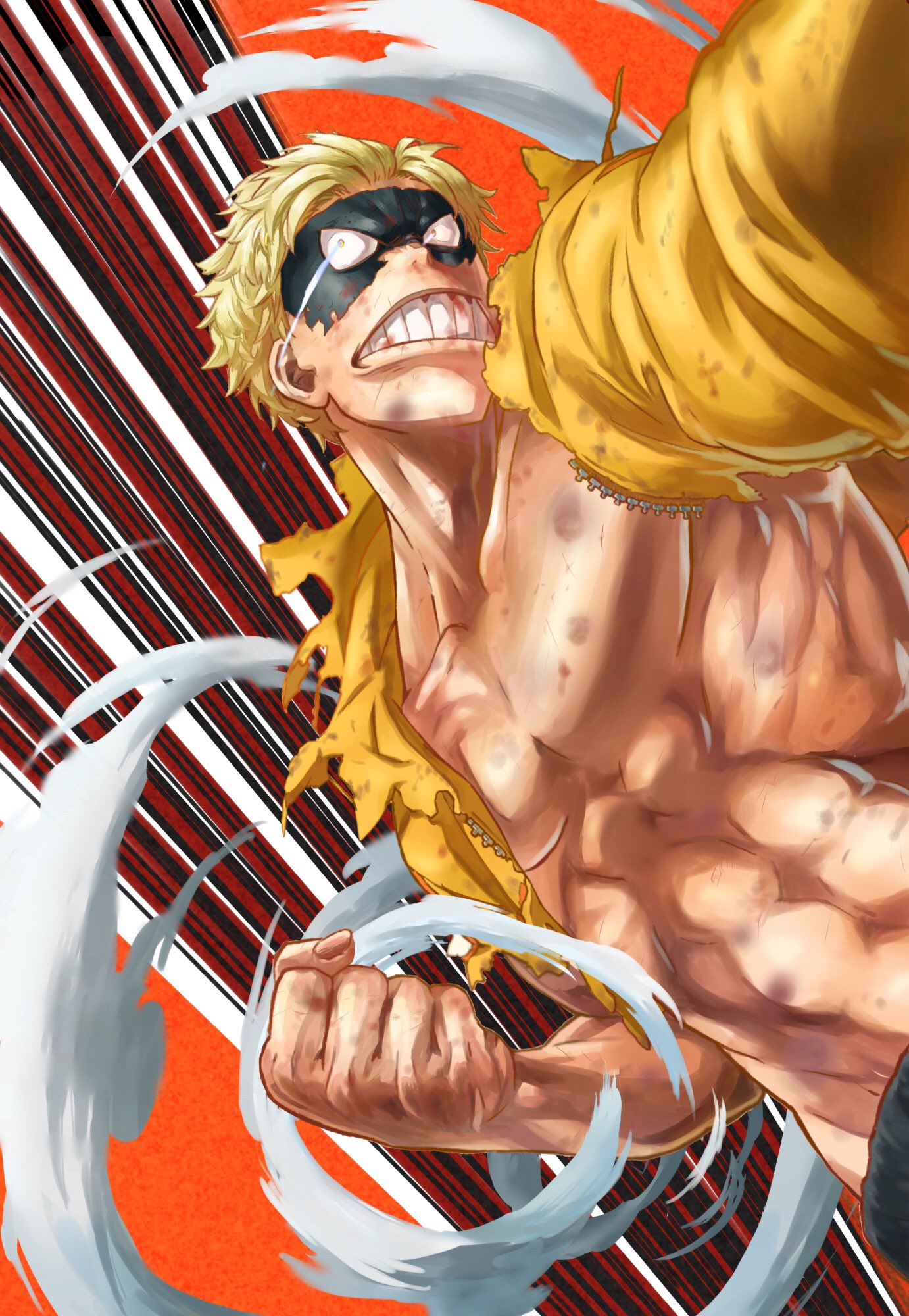 1boy 4o080_yotabnc action blonde_hair boku_no_hero_academia bruise clenched_teeth commentary_request domino_mask highres hood hoodie injury jacket male_focus mask muscular muscular_male orange_background solo teeth torn_clothes torn_jacket toyomitsu_taishiro visible_air yellow_jacket zipper