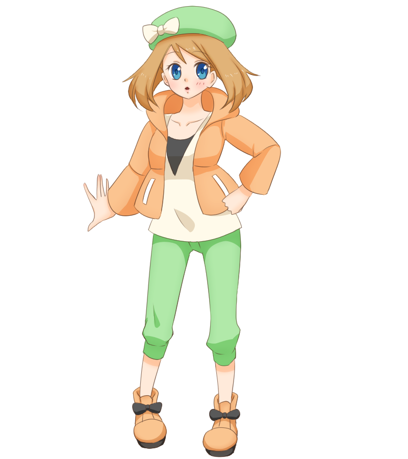 1girl bag bianca_(pokemon) bianca_(pokemon)_(cosplay) blue_eyes blush bow brown_hair closed_mouth copyright_name cosplay green_headwear green_pants hand_on_hip hat hat_bow long_sleeves looking_at_viewer may_(pokemon) medium_hair neko19920311 pants pokemon pokemon_(anime) pokemon_(game) pokemon_bw2 pokemon_rse_(anime) shoulder_bag solo white_bow