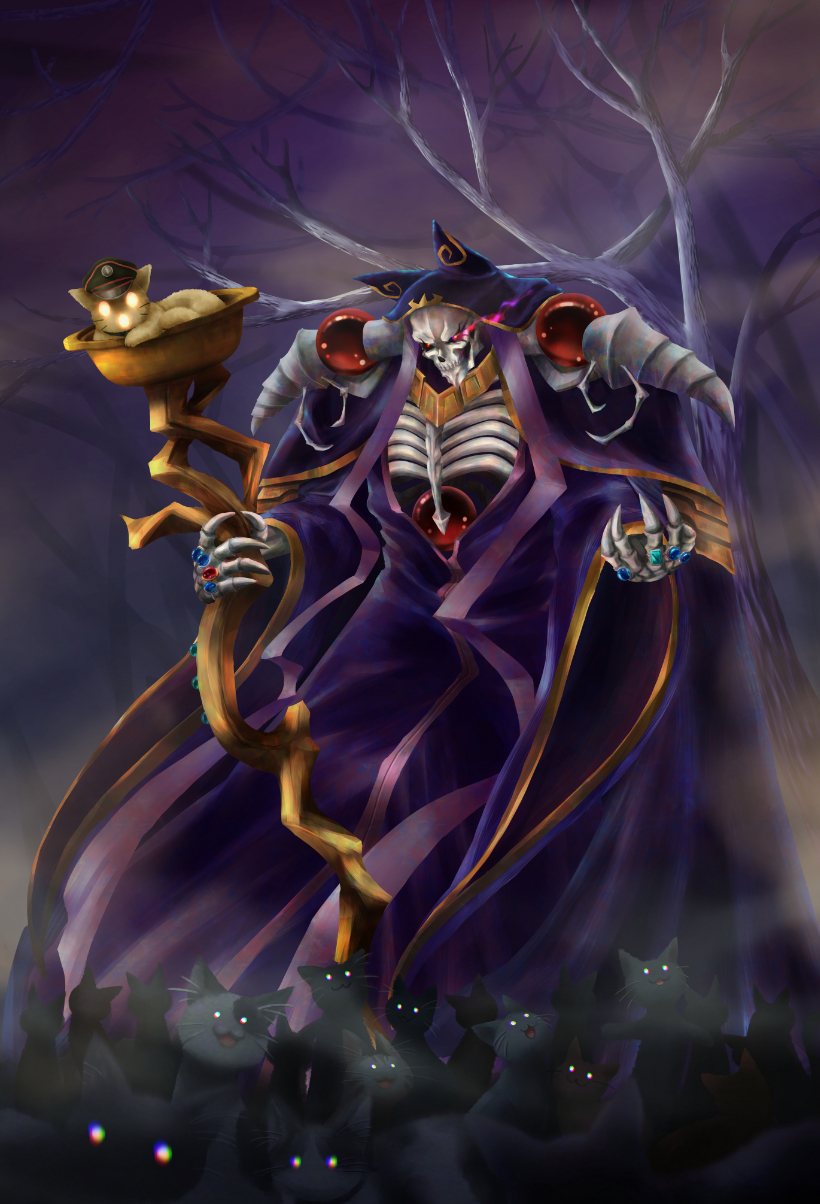 910pan ainz_ooal_gown cat flaming_eye highres holding holding_staff jewelry night overlord_(maruyama) purple_sky red_eyes ring skeleton staff standing tree