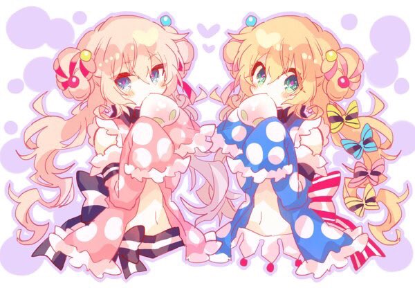 2girls bangs blonde_hair blue_babydoll blue_eyes blush bow character_request covering_mouth detached_sleeves double_bun hair_between_eyes hair_ornament heart hibi89 long_hair long_sleeves looking_at_viewer merc_storia midriff multiple_girls navel pink_babydoll polka_dot_babydoll sleeves_past_fingers sleeves_past_wrists striped striped_bow upper_body
