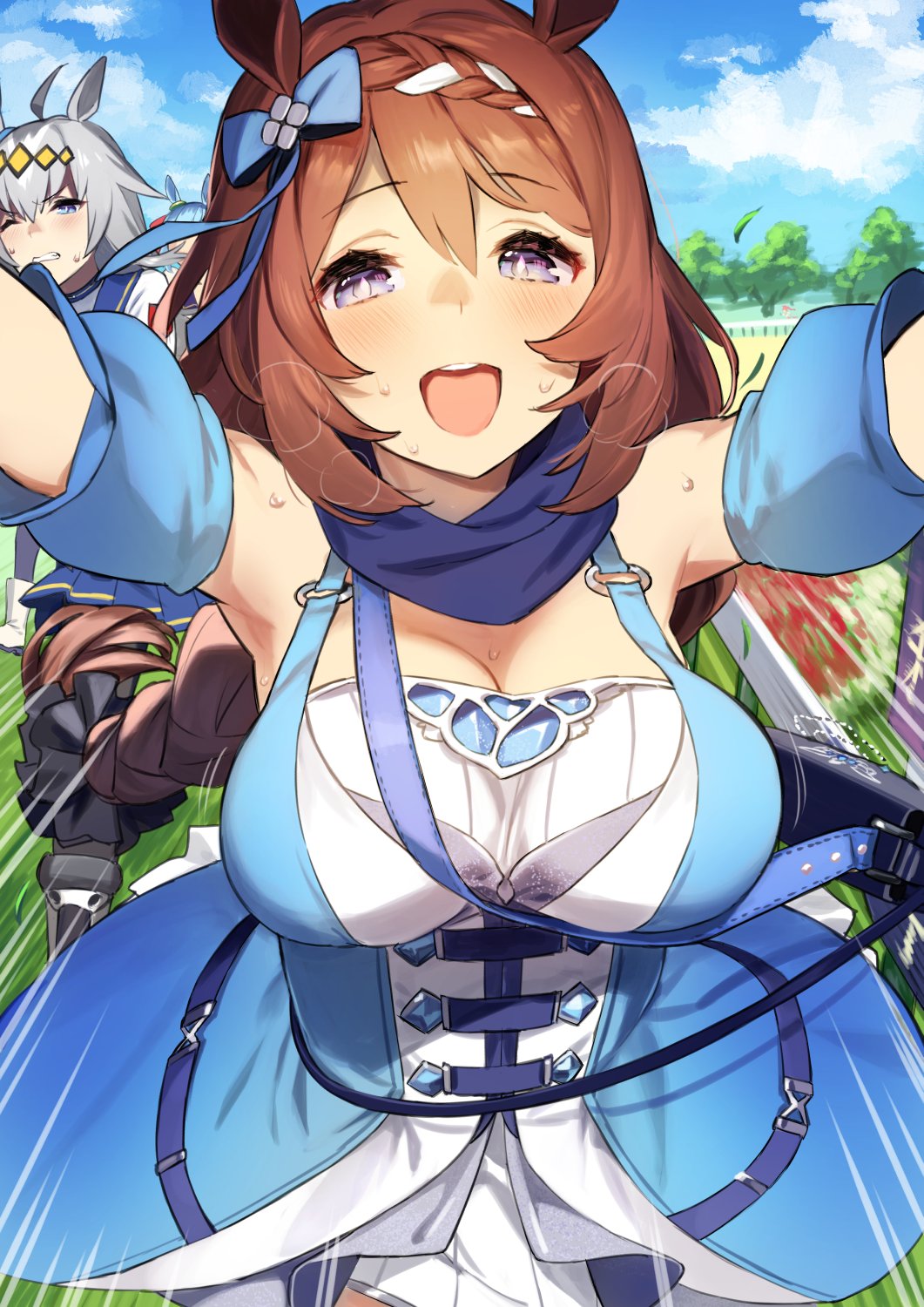 92m animal_ears arms_up bag blue_eyes bow braid breasts brown_hair hair_bow handbag heavy_breathing highres horse_ears large_breasts long_hair oguri_cap_(umamusume) racing speed_lines super_creek sweat umamusume victory_pose