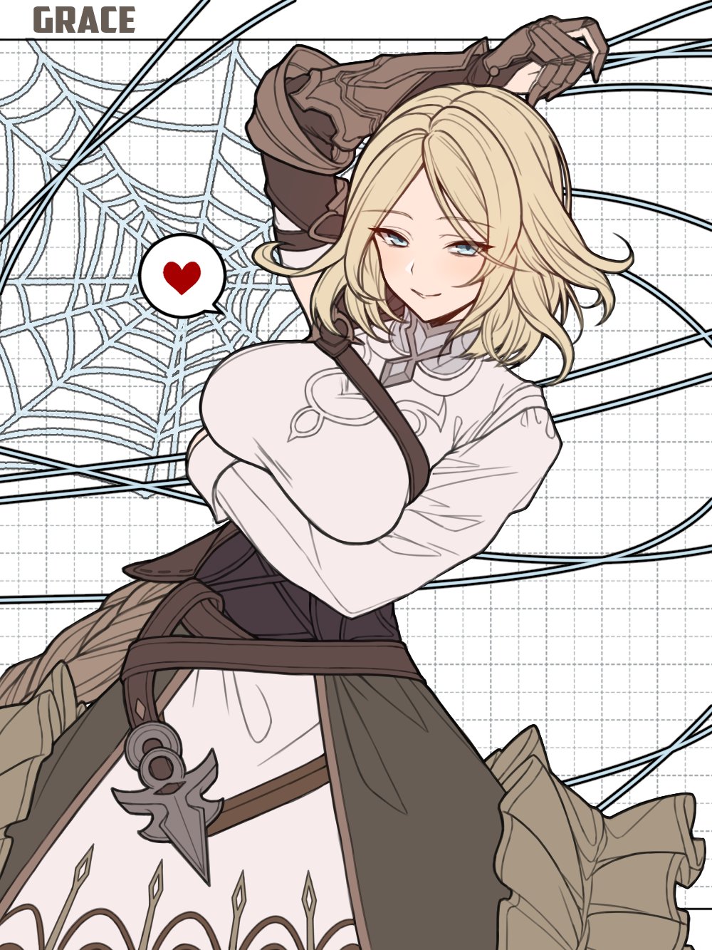 1girl bangs belt blonde_hair blue_eyes blush breasts brown_gloves brown_skirt gloves grace_(granblue_fantasy) granblue_fantasy heart highres large_breasts ll_0109 long_sleeves looking_at_viewer parted_bangs shirt short_hair silk skirt smile spider_web spoken_heart white_shirt wire