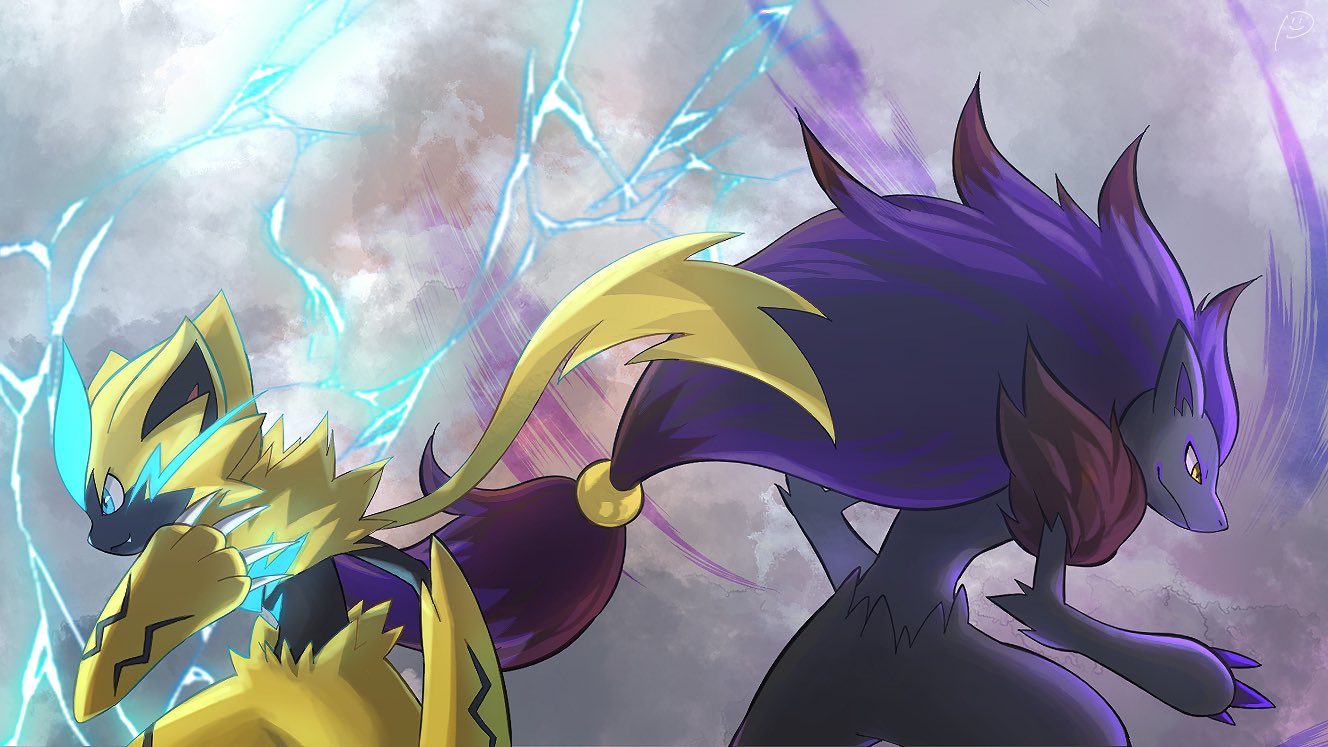 alternate_color back-to-back blue_eyes claws closed_mouth commentary_request electricity fang fang_out from_side gen_5_pokemon gen_7_pokemon mythical_pokemon pokemon pokemon_(creature) punico_(punico_poke) shiny_pokemon smile yellow_eyes yellow_fur zeraora zoroark