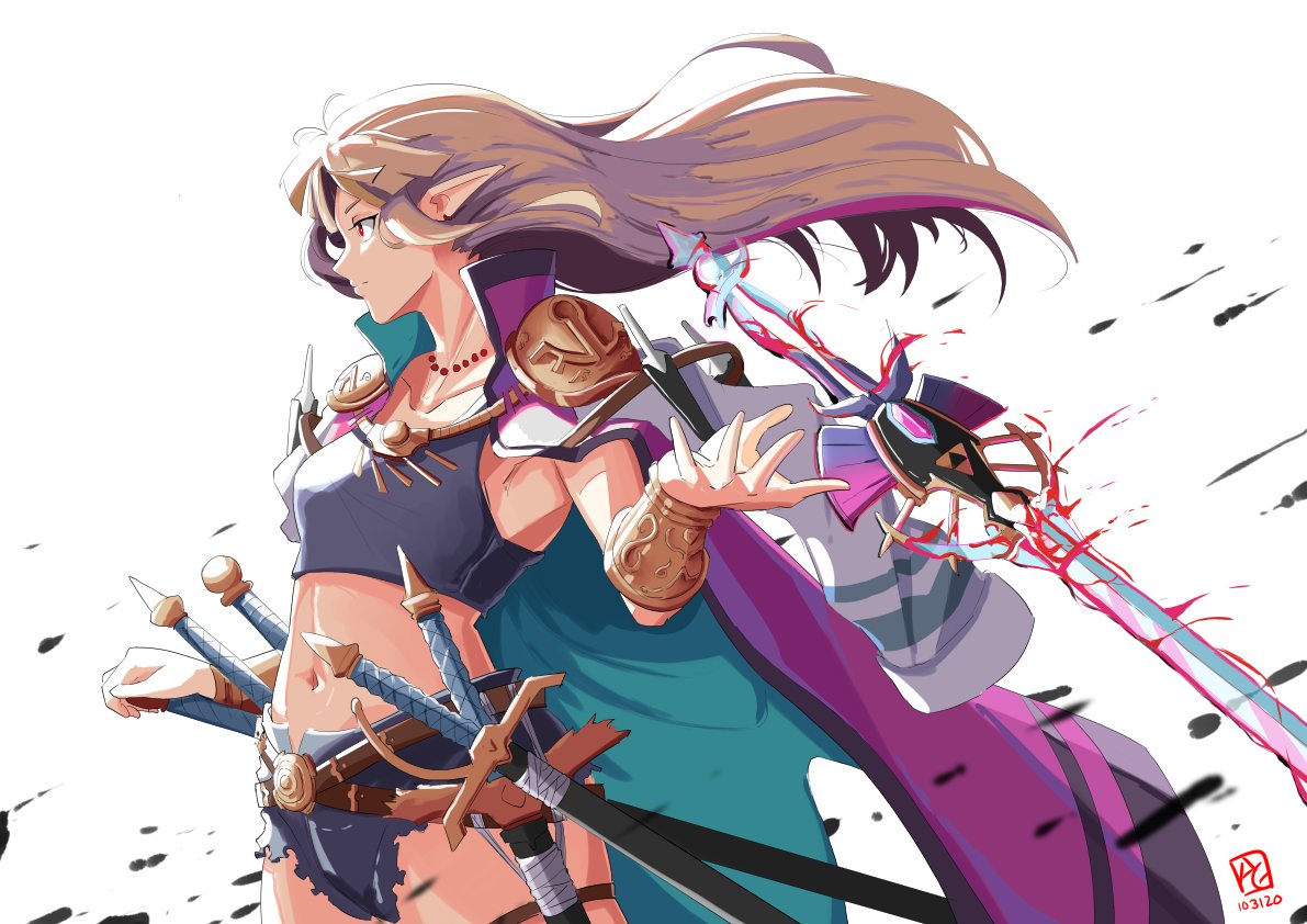1girl alternate_costume armor automatic_giraffe bracelet breasts brown_hair cape crop_top cutoffs floating floating_object floating_sword floating_weapon hand_on_hilt jewelry long_hair magic navel pauldrons pearl_bracelet pointy_ears popped_collar princess_zelda purple_cape rapier red_eyes scabbard serious sheath sheathed shorts shoulder_armor sidelighting small_breasts solo standing sword the_legend_of_zelda the_legend_of_zelda:_a_link_between_worlds too_many triforce weapon white_background