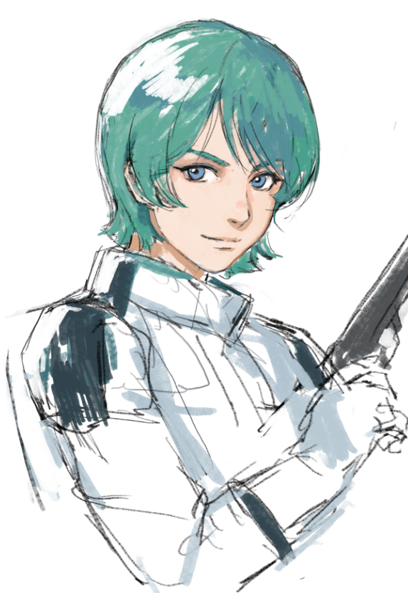 1boy aqua_hair blue_eyes gun gundam handgun head_tilt holding holding_gun holding_weapon kamille_bidan looking_at_viewer male_focus nekkikamille pilot_suit pistol sketch smile solo upper_body v-shaped_eyebrows weapon white_background zeta_gundam