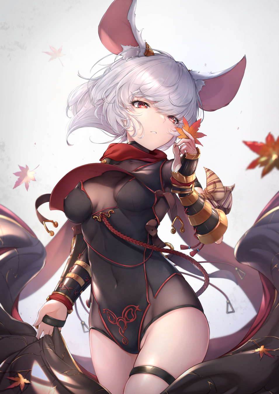 1girl animal_ear_fluff animal_ears arm_guards autumn_leaves bangs black_leotard breasts commentary_request covered_navel cowboy_shot highres holding holding_leaf leaf leotard looking_away maple_leaf medium_breasts mouse_ears original parted_lips red_eyes red_scarf scarf short_hair silver_hair solo standing thigh_strap white_background yue_ying_jin_feng