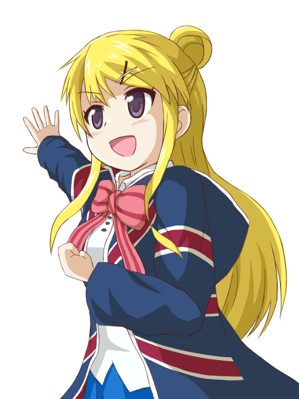 1girl bangs blonde_hair blue_jacket blue_skirt bow bowtie collared_shirt commentary_request cowboy_shot eabo19tw eyebrows_visible_through_hair from_side hair_ornament hairclip hand_up jacket kin-iro_mosaic kujou_karen light_blush long_hair long_sleeves looking_ahead open_mouth outstretched_arm pink_bow pink_neckwear shiny shiny_hair shirt skirt smile solo union_jack upper_body violet_eyes white_background white_shirt